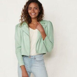 LC Lauren Conrad Moto Jacket womens size medium green zip up puff sleeve